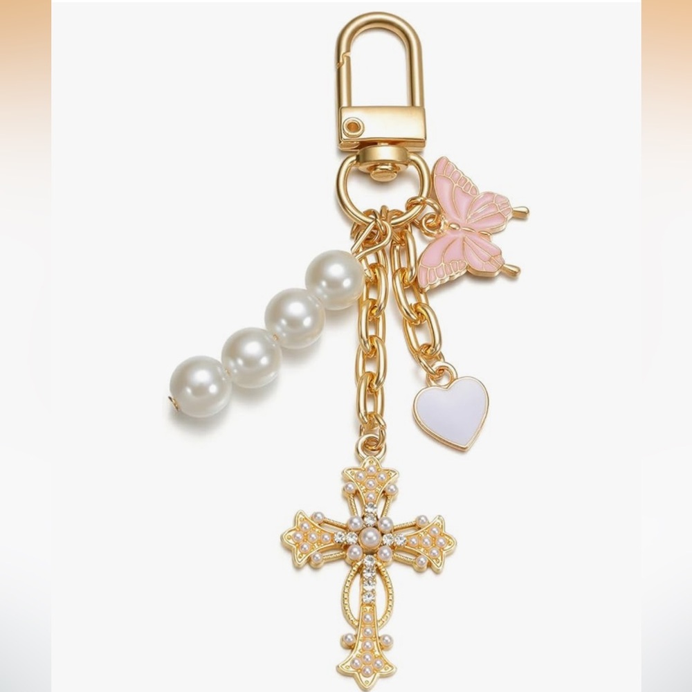 🆕 Gold Cross and Pearl Bag Charm Keychain with Pink Butterfly